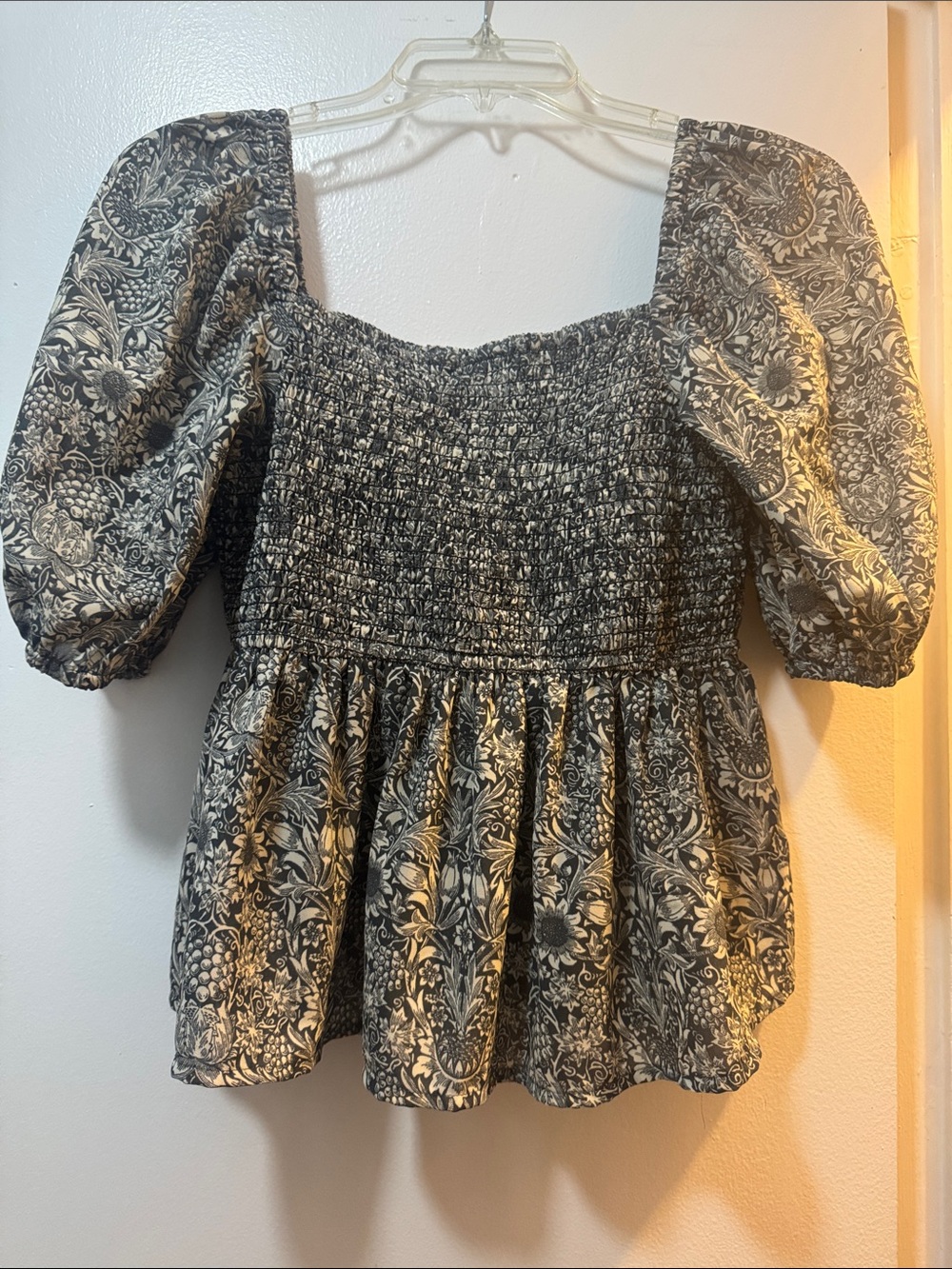 Smocked Square-Neck Puff Sleeve Top in Black and Cream